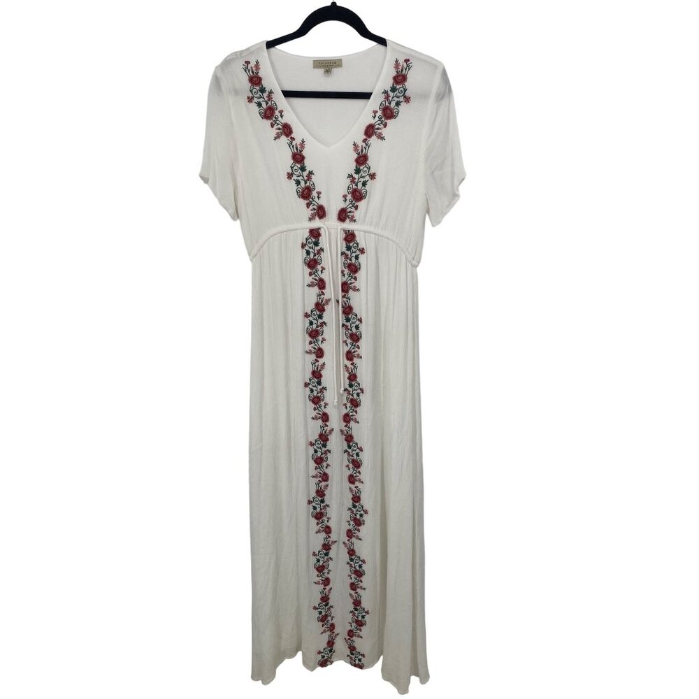 POLAGRAM LARGE WHITE FLORAL EMBROIDERED MAXI DRESS SHORT SLEEVE